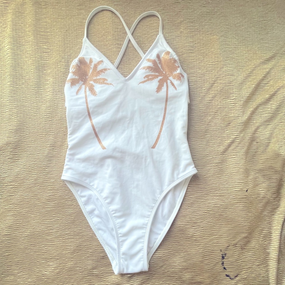 Xhilaration White and Gold Palm Print One Piece Swimsuit